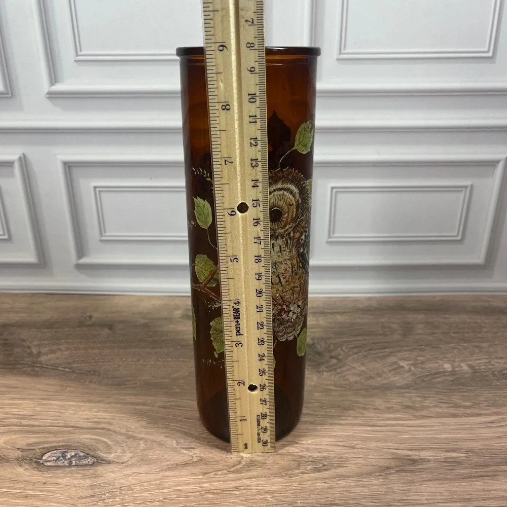 Vintage 1970's Amber Glass Hurricane 9 in Candle Holder Brown Owl Hand Empty MCM